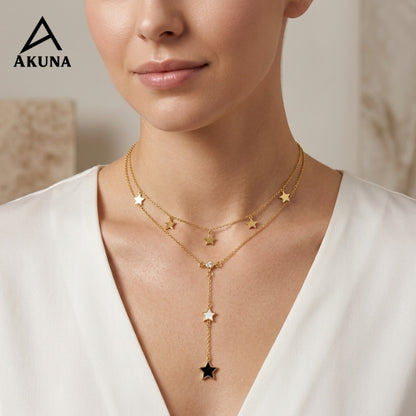 Akuna Gold-Plated 2-Layer Necklace | Star Charms & Diamond Center, 18" Adjustable Chain