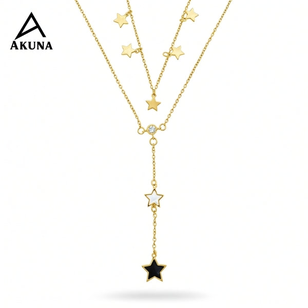 Akuna Gold-Plated 2-Layer Necklace | Star Charms & Diamond Center, 18" Adjustable Chain