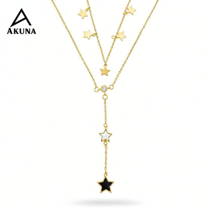 Akuna Gold-Plated 2-Layer Necklace | Star Charms & Diamond Center, 18" Adjustable Chain