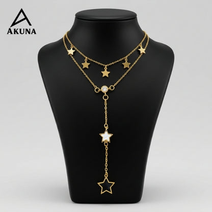 Akuna Gold-Plated 2-Layer Necklace | Star Charms & Diamond Center, 18" Adjustable Chain