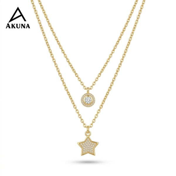 Akuna Gold-Plated 2-Layer Necklace | Star Diamond Center, Circle Diamond Embellishment, 18" Adjustable
