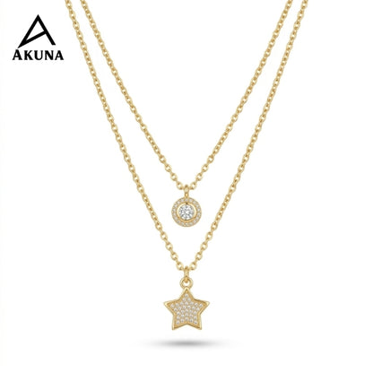 Akuna Gold-Plated 2-Layer Necklace | Star Diamond Center, Circle Diamond Embellishment, 18" Adjustable
