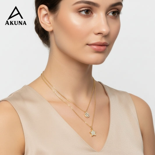Akuna Gold-Plated 2-Layer Necklace | Star Diamond Center, Circle Diamond Embellishment, 18" Adjustable