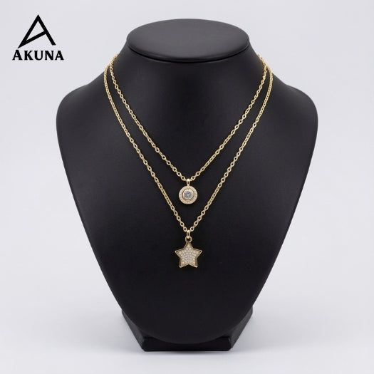 Akuna Gold-Plated 2-Layer Necklace | Star Diamond Center, Circle Diamond Embellishment, 18" Adjustable