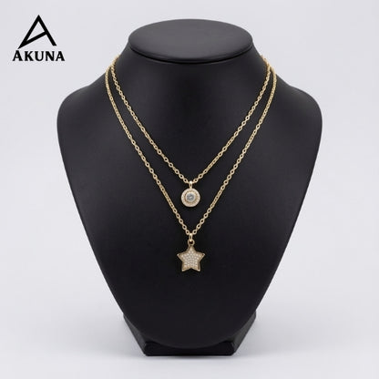 Akuna Gold-Plated 2-Layer Necklace | Star Diamond Center, Circle Diamond Embellishment, 18" Adjustable