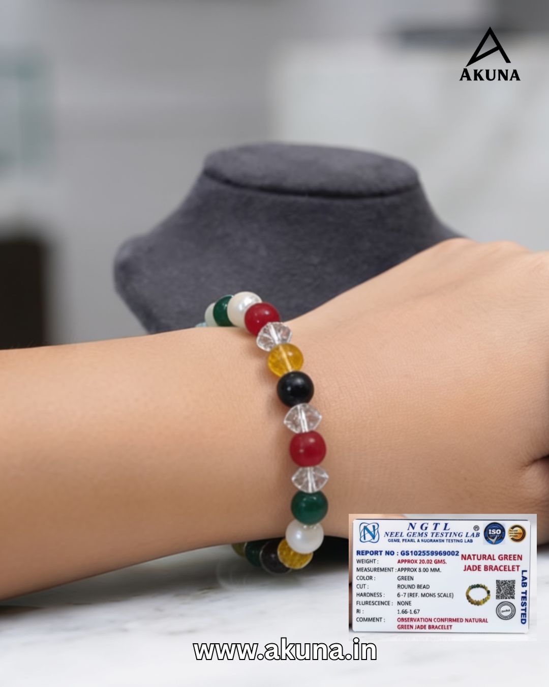 Akuna Certified Original Navratna Bracelet | Premium 9 Gemstone Bracelet for Prosperity, Positivity & Balance