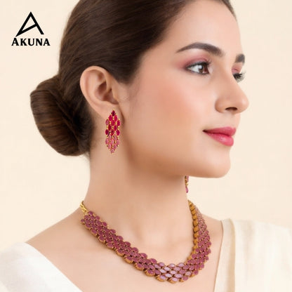 South Indian Style Ruby Stone Necklace and Earring Set - AKUNA