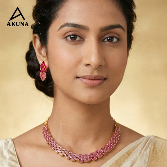 South Indian Style Ruby Stone Necklace and Earring Set - AKUNA