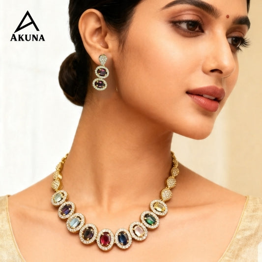 Akuna Navaratnas Jewelry Set: Gold Plated Necklace & Earrings set,