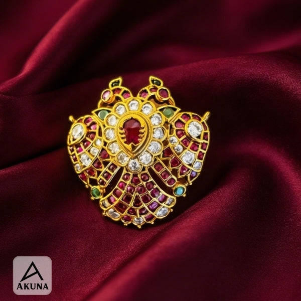 Akuna Premium Gandaberunda Pendant | Gold-Plated Brass, Diamonds, Rubies & Emeralds