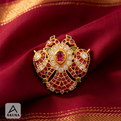 Akuna Premium Gandaberunda Pendant | Gold-Plated Brass, Diamonds, Rubies & Emeralds