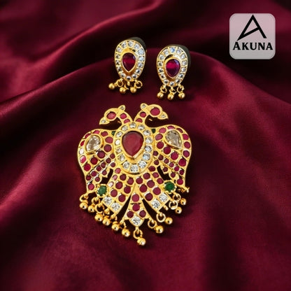 Akuna Lux Gandaberunda Jewelry Set: Pendant & Earrings in Gold-Plated Brass with Rubies, Emeralds & Diamonds