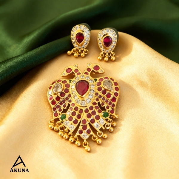 Akuna Lux Gandaberunda Jewelry Set: Pendant & Earrings in Gold-Plated Brass with Rubies, Emeralds & Diamonds