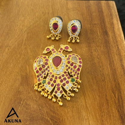 Akuna Lux Gandaberunda Jewelry Set: Pendant & Earrings in Gold-Plated Brass with Rubies, Emeralds & Diamonds