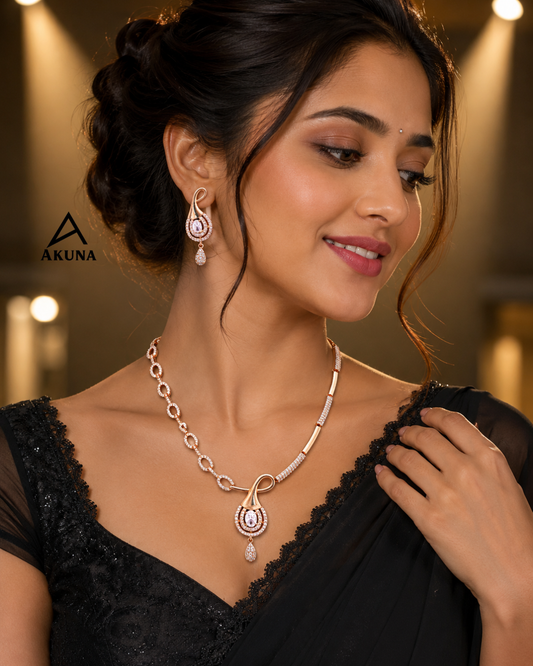Akuna 18kt Rose Gold Plated American Diamond Necklace Set with Matching Drop Earrings