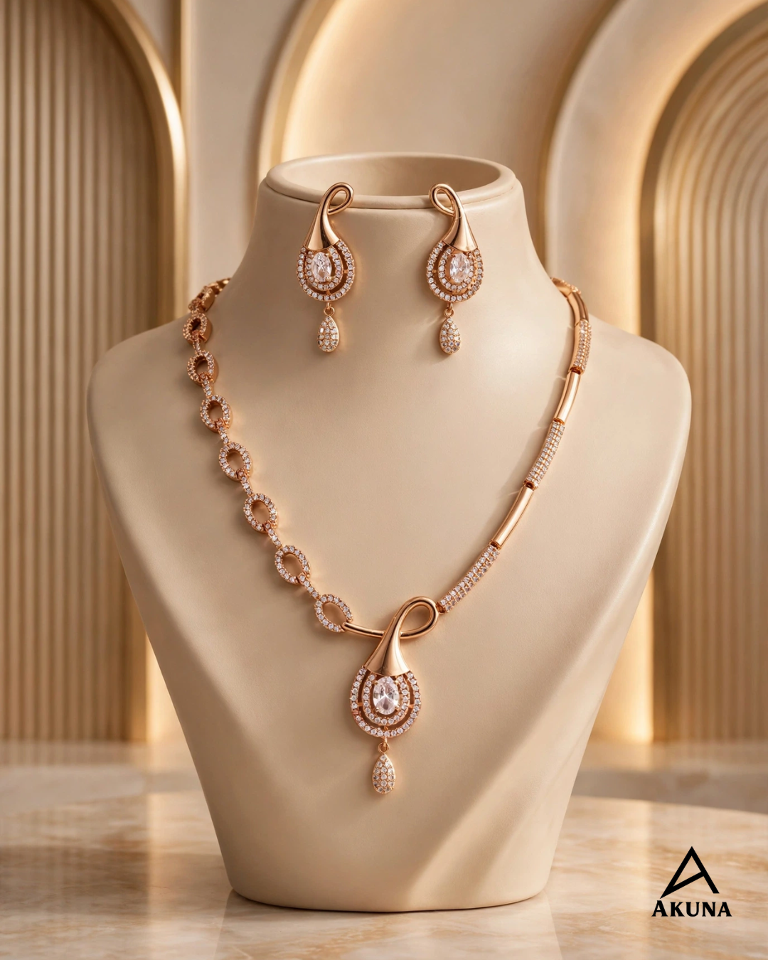 Akuna 18kt Rose Gold Plated American Diamond Necklace Set with Matching Drop Earrings