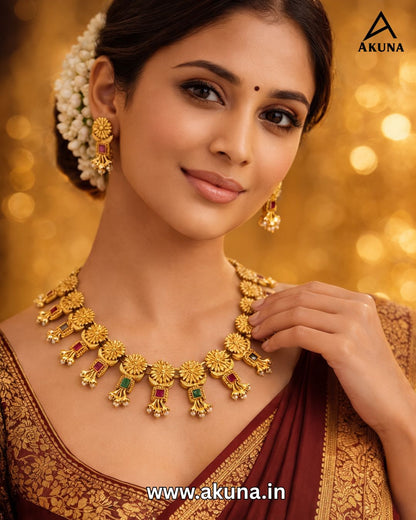 Premium Antique Gold Plated Temple Jewellery Necklace Set with Earrings | Floral Designer Ruby & Emerald Stone Traditional Bridal Wedding Festive Jewellery for Women | Akuna