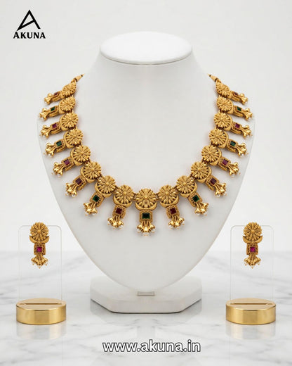 Premium Antique Gold Plated Temple Jewellery Necklace Set with Earrings | Floral Designer Ruby & Emerald Stone Traditional Bridal Wedding Festive Jewellery for Women | Akuna