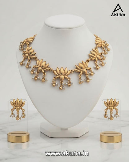 Akuna Lotus Matte Gold Finish Necklace Set with Pearl Earrings | Traditional Wedding & Festive Jewelry