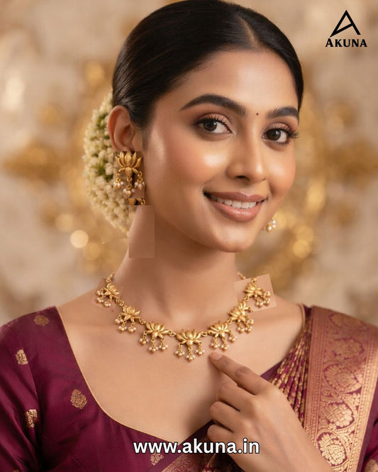 Akuna Lotus Matte Gold Finish Necklace Set with Pearl Earrings | Traditional Wedding & Festive Jewelry