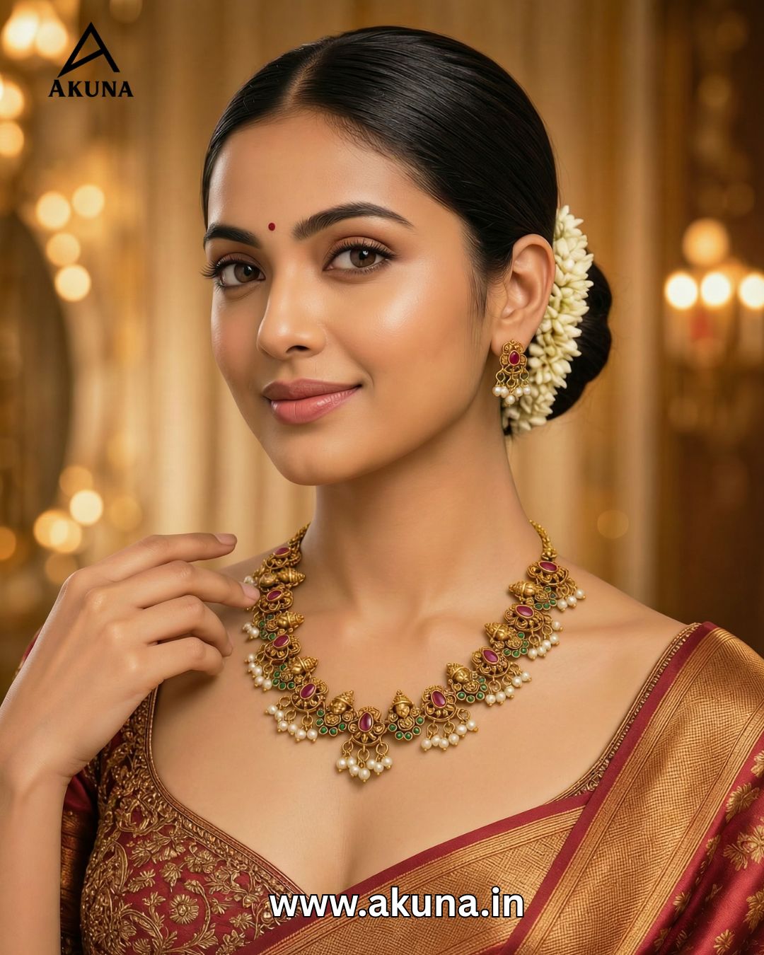 Akuna Lord Venkateshwara Temple Necklace Set with Earrings | Antique Gold Bridal Jewellery