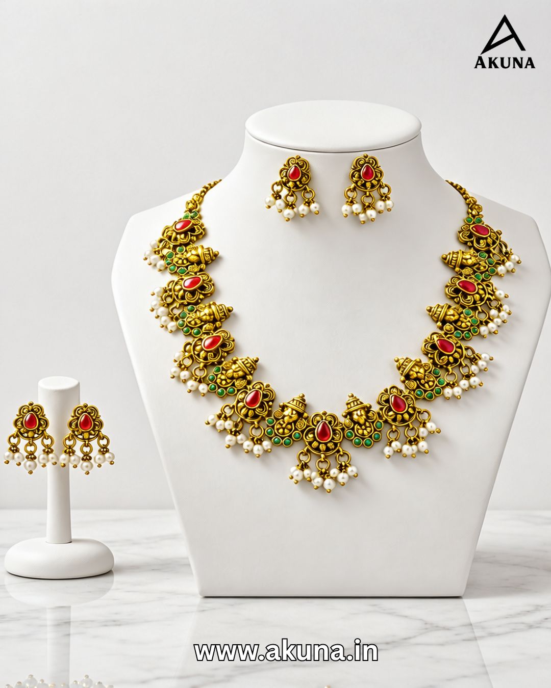 Akuna Lord Venkateshwara Temple Necklace Set with Earrings | Antique Gold Bridal Jewellery